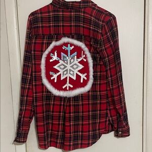 Old Navy Red Plaid Top with Snowflake Design